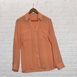 Express Portofino Blouse Women’s Med Peach Button Down Roll Tab Long Sleeve Top